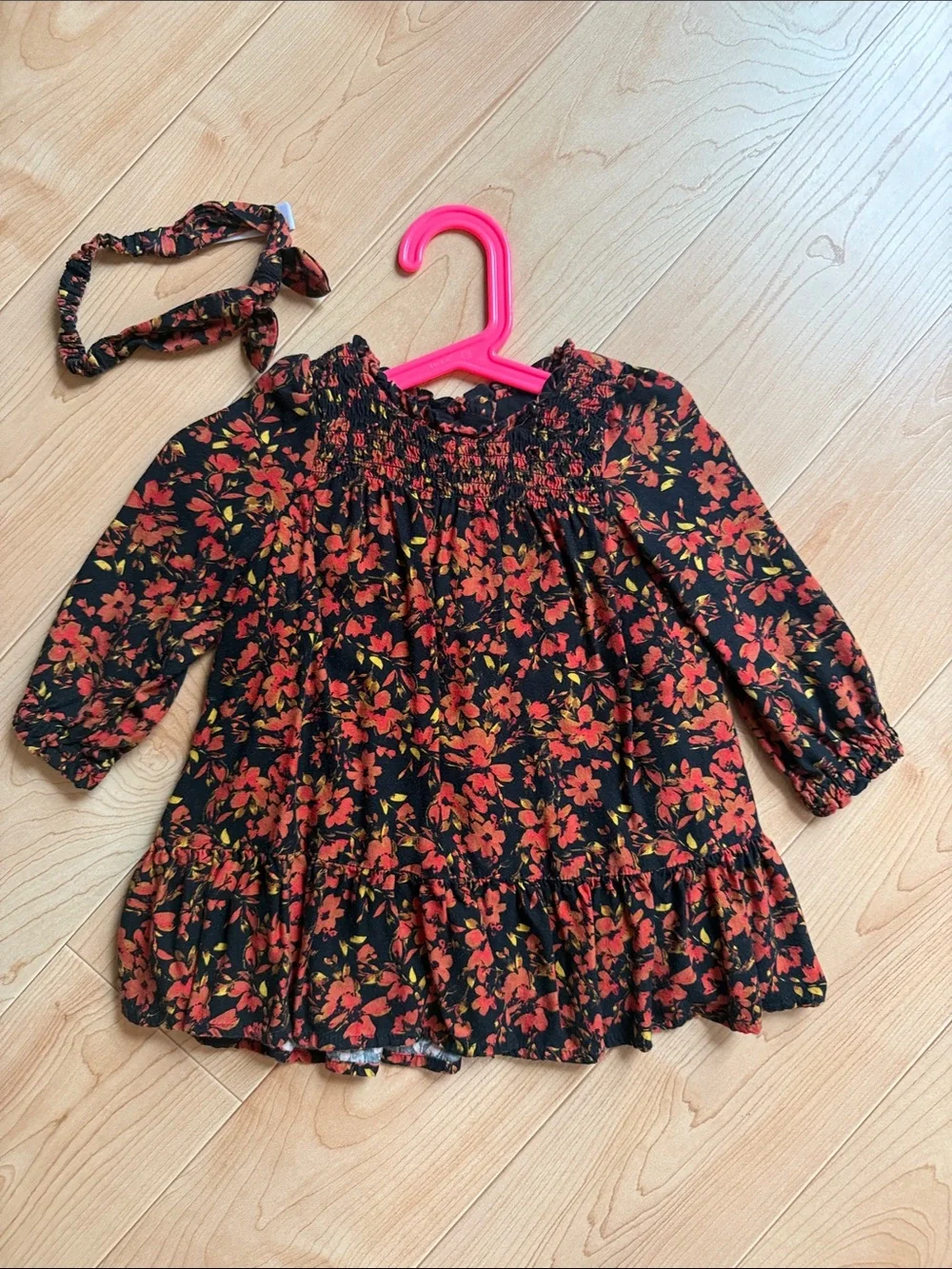 Baby GAP Toddler Girl Black Red Orange Floral Long-Sleeve Dress Sz 18-24M